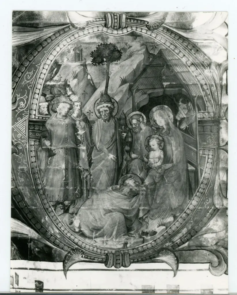 Franchi Rossello di Jacopo, (?) , Iniziale istoriata, Adorazione dei Re Magi, Motivi decorativi fitomorfi, Notazione musicale
