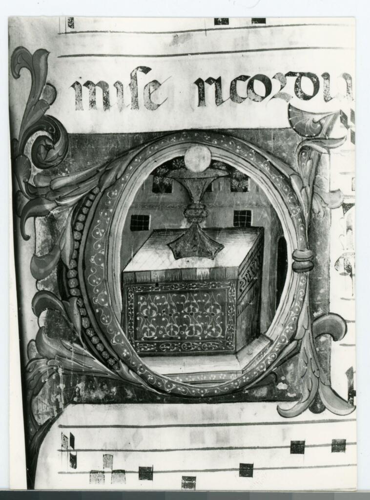 Anonimo fiorentino sec. XIV/ XV , Iniziale C, Iniziale decorata, Calice eucaristico e ostia, Motivi decorativi fitomorfi, Notazione musicale