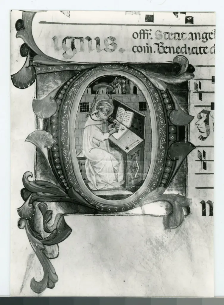 Gabinetto Fotografico della Soprintendenza Speciale per il Patrimonio Storico, Artistico ed Etnoantropologico e per il Polo Museale della citt&agrave; di Firenze , Anonimo fiorentino sec. XIV/ XV - 1435 - Prato, Archivio Storico Diocesano, Archivio del Capitolo della Cattedrale, ms. 6 (gi&agrave; C), f. 55r, particolare