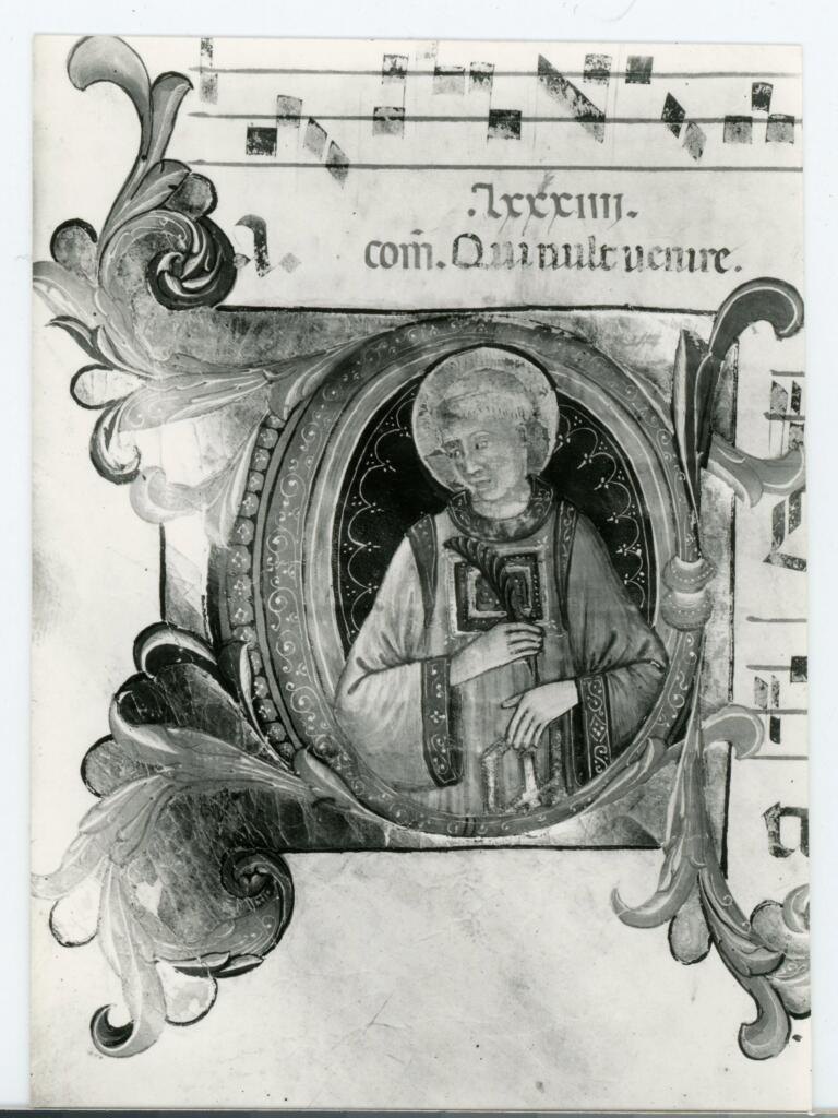 Anonimo fiorentino sec. XIV/ XV , Iniziale C, Iniziale abitata, San Lorenzo, Motivi decorativi fitomorfi, Notazione musicale