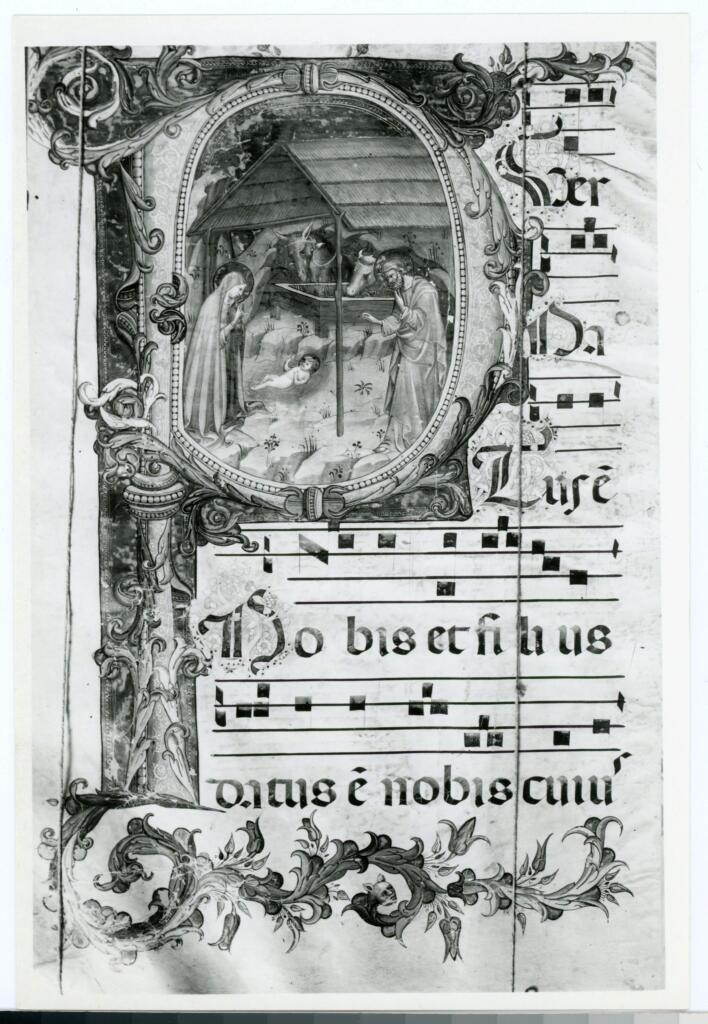 Anonimo fiorentino sec. XIV/ XV , Iniziale P, Iniziale istoriata, Natività di Gesù, Motivi decorativi fitomorfi, Notazione musicale
