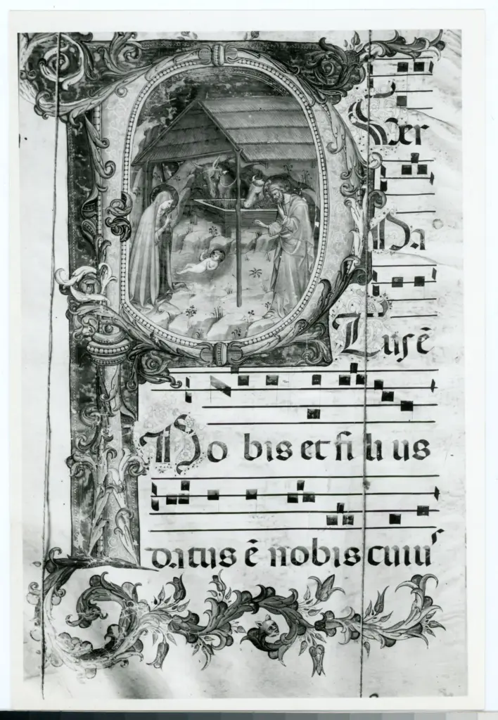 Anonimo fiorentino sec. XIV/ XV , Iniziale P, Iniziale istoriata, Nativit&agrave; di Ges&ugrave;, Motivi decorativi fitomorfi, Notazione musicale