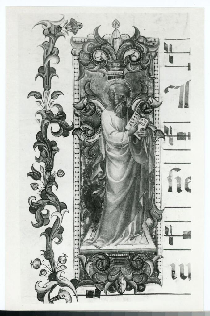 Anonimo fiorentino sec. XIV/ XV , Iniziale I, Iniziale figurata, San Giovanni Evangelista e l'aquila, Motivi decorativi fitomorfi, Notazione musicale