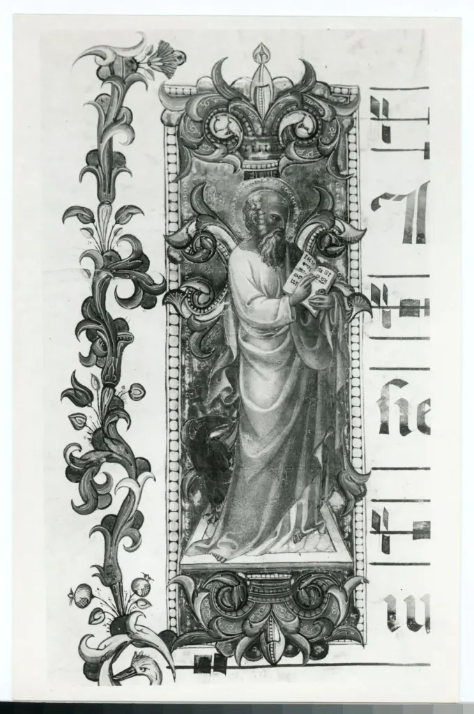 Gabinetto Fotografico della Soprintendenza Speciale per il Patrimonio Storico, Artistico ed Etnoantropologico e per il Polo Museale della citt&agrave; di Firenze , Anonimo fiorentino sec. XIV/ XV - 1435 - Prato, Archivio Storico Diocesano, Archivio del Capitolo della Cattedrale, ms. 6 (gi&agrave; C), particolare di una pagina miniata