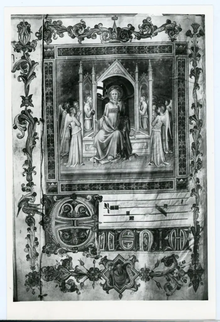 Torelli Filippo di Matteo , Miniatura tabellare, Santo Stefano in trono tra gli angeli, Iniziale E, Iniziale decorata, Profeta Zaccaria, Cornice con motivi decorativi fitomorfi e geometrici, Notazione musicale
