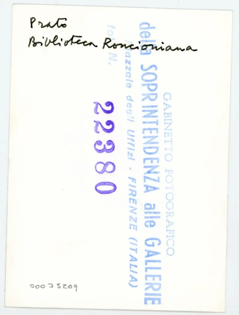 Gabinetto Fotografico della Soprintendenza Speciale per il Patrimonio Storico, Artistico ed Etnoantropologico e per il Polo Museale della città di Firenze , Anonimo - sec. XII, secondo quarto - Prato, Biblioteca Roncioniana, ms. Q.VIII.2 (2), particolare di un foglio , retro