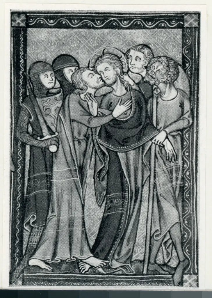 Anonimo inglese sec. XIV , Episodi della Passione di Cristo, Bacio di Giuda, Flagellazione di Cristo, Cristo caricato della croce, Cornice con motivi decorativi geometrici