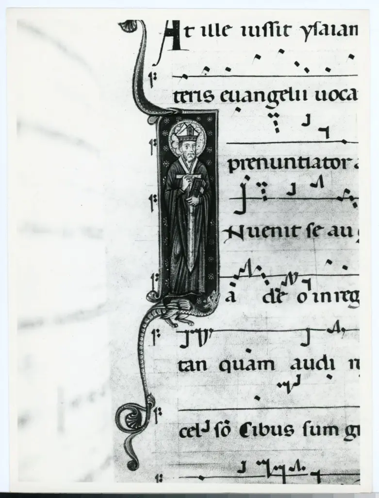 Istituto Centrale per il Catalogo e la Documentazione: Fototeca Nazionale , Perugia - Museo dell'opera del Duomo N 31 - Antifonario - membranaceo - Musica e lettera I - miniata contenente un santo - sec XI , fronte