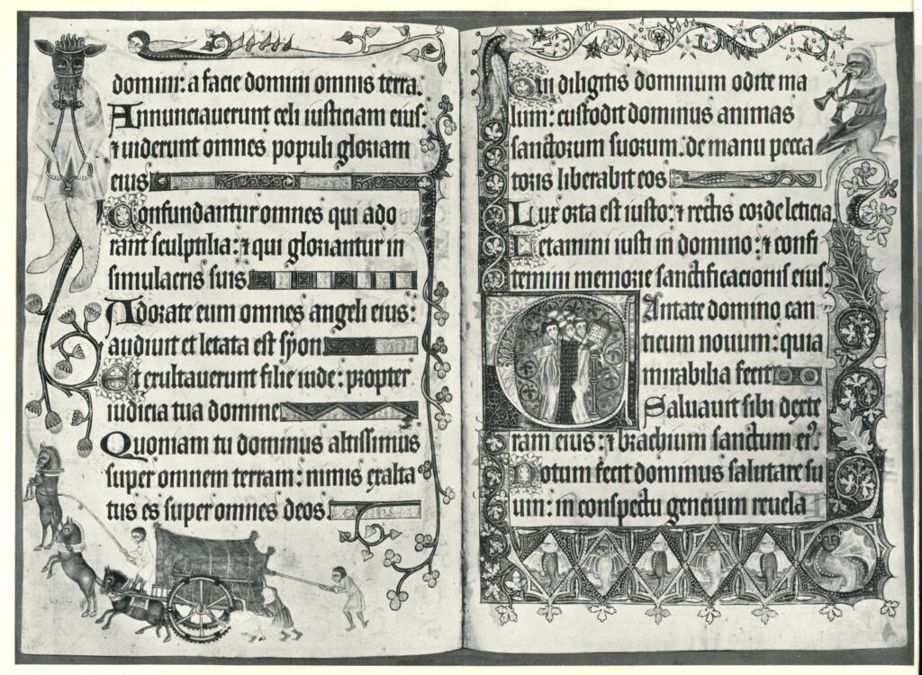 Anonimo sec. XIV , Iniziale C, Iniziale abitata, Chierici, Figure allegoriche e grottesche, Cavallo, Motivi decorativi fitomorfi