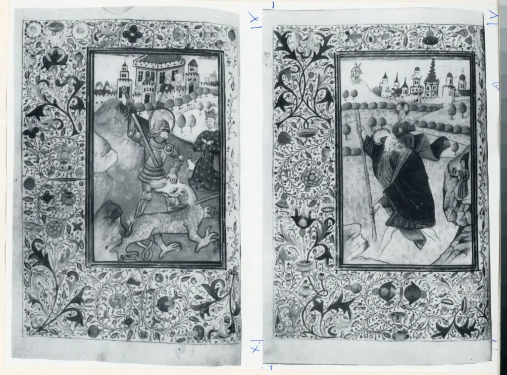 Anonimo sec. XV , Pagina miniata, San Giorgio uccide il drago, San Cristoforo, Cornice con motivi decorativi fitomorfi