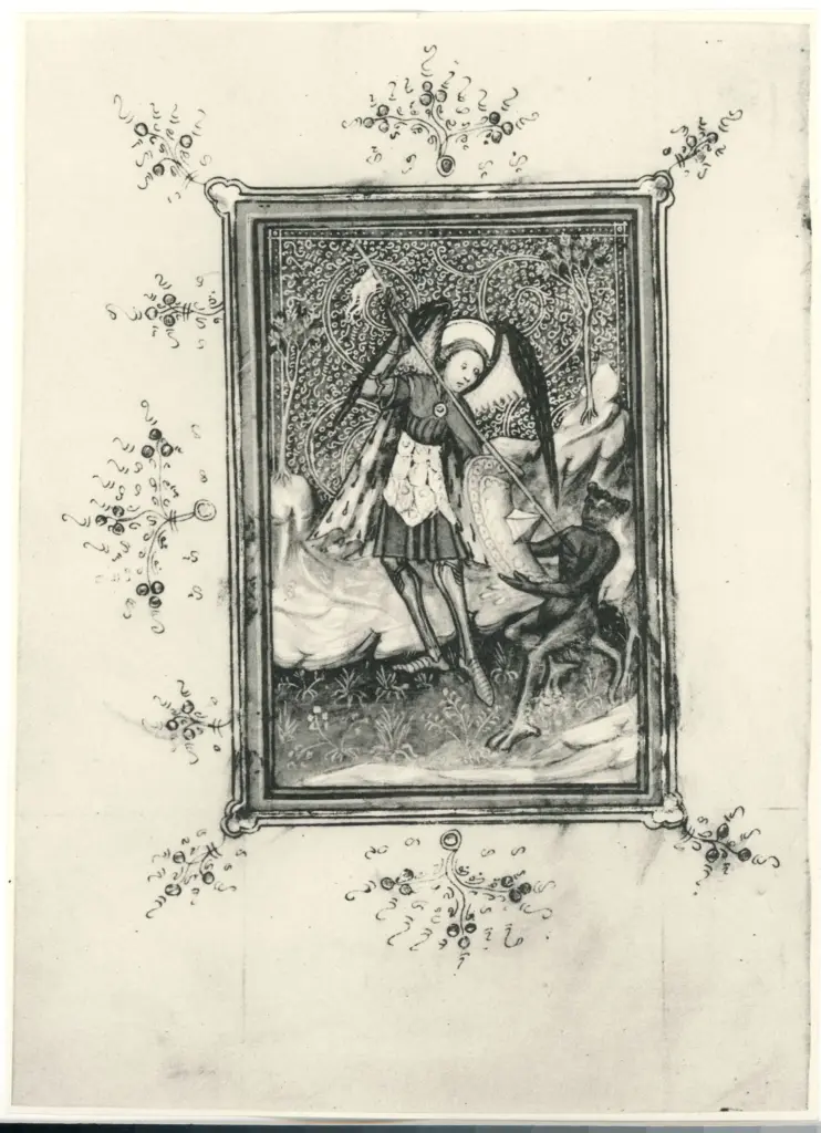 Anonimo inglese sec. XV , San Michele Arcangelo, Cornice con motivi decorativi fitomorfi