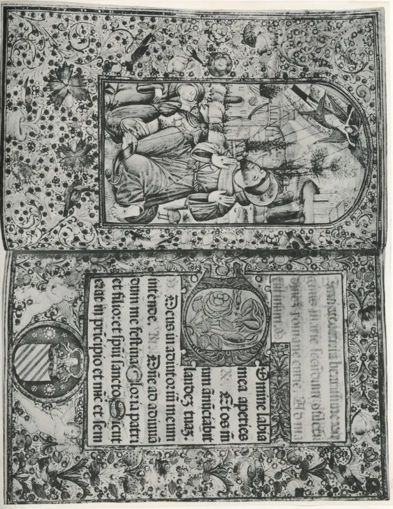 Anonimo spagnolo sec. XV , San Francesco d'Assisi riceve le stimmate, Cornice con motivi decorativi fitomorfi e animali, Stemma, Iniziale D, Iniziale decorata