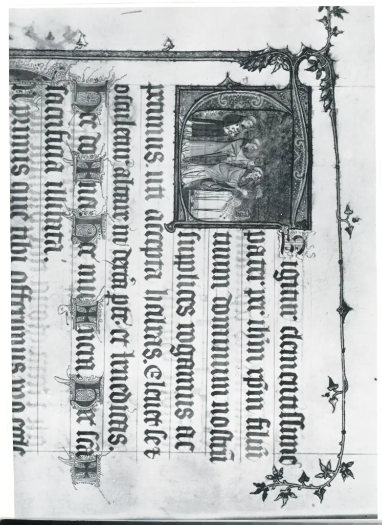 Anonimo sec. XIV , Iniziale T, Iniziale istoriata, Eucaristia, Motivi decorativi fitomorfi