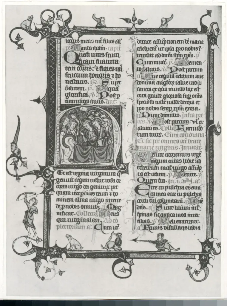 Anonimo sec. XIII/ XIV , Iniziale H, Iniziale istoriata, Madonna, Motivi decorativi con figure fantastiche, Motivi decorativi fitomorfi