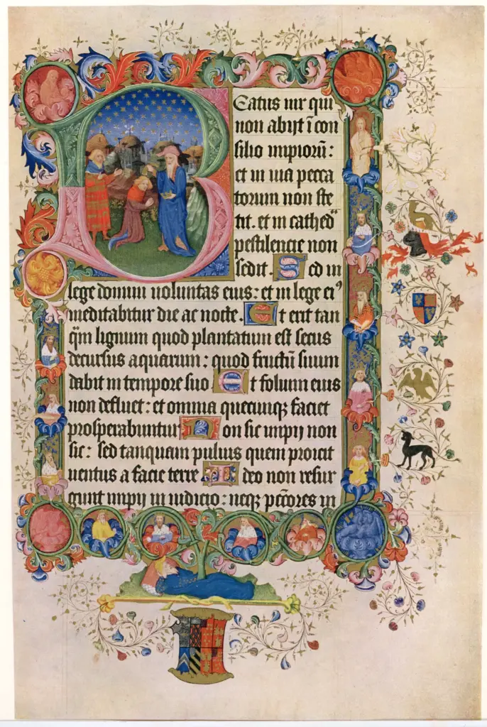 Scheerre Herman , Iniziale B, Iniziale istoriata, David unto da re Samuele, Albero di Jesse, Cornice con motivi decorativi fitomorfi
