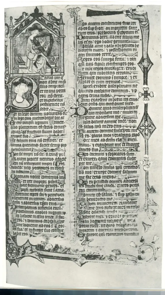 Anonimo inglese sec. XIV , Iniziale B, Iniziale abitata, Testa di giovane uomo, David che suona l'arpa, Cornice con motivi decorativi fitomorfi e animali, Ritratto di suonatore