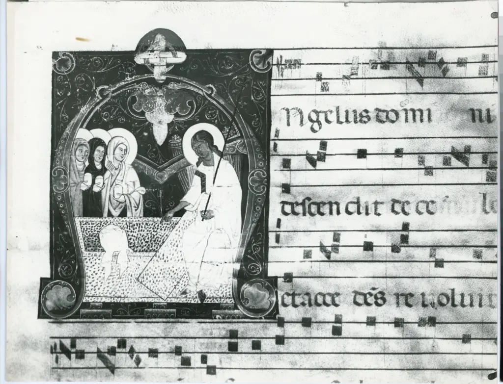 Anonimo sec. XIV , Iniziale A, Iniziale istoriata, Angelo annuncia la Resurrezione alle pie donne, Motivi decorativi fitomorfi, Notazione musicale