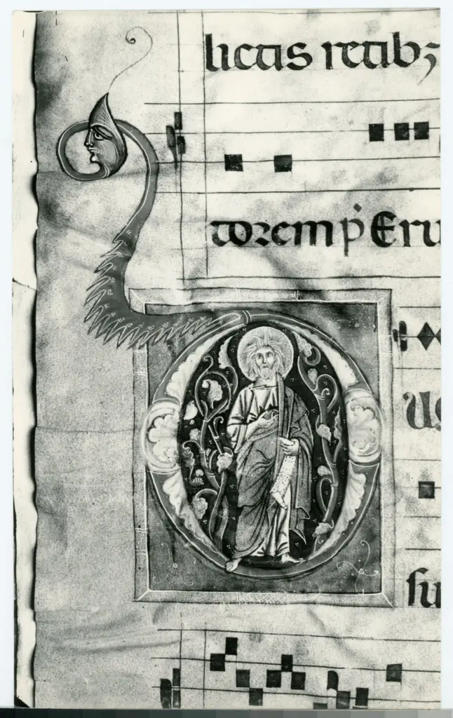 Anonimo sec. XIII , Iniziale D, Iniziale abitata, Santo, Motivi decorativi fitomorfi, Motivo decorativo antropomorfo , Notazione musicale