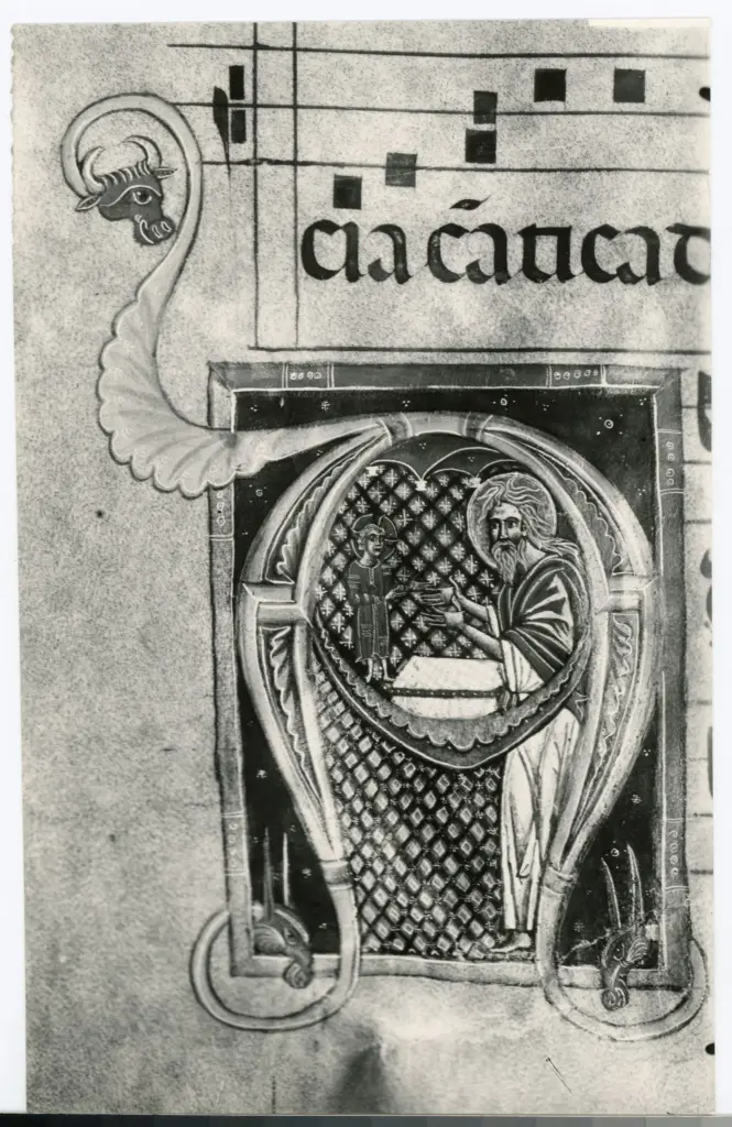 Anonimo sec. XIII , Iniziale abitata, Santo, Ges&ugrave; Bambino, Motivi decorativi fitomorfi e animali, Notazione musicale