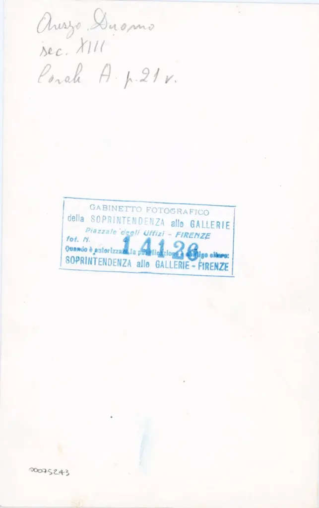 Gabinetto Fotografico della Soprintendenza Speciale per il Patrimonio Storico, Artistico ed Etnoantropologico e per il Polo Museale della citt&agrave; di Firenze , Arezzo. Duomo - sec. XIII - Corale A p. 21 v. , retro