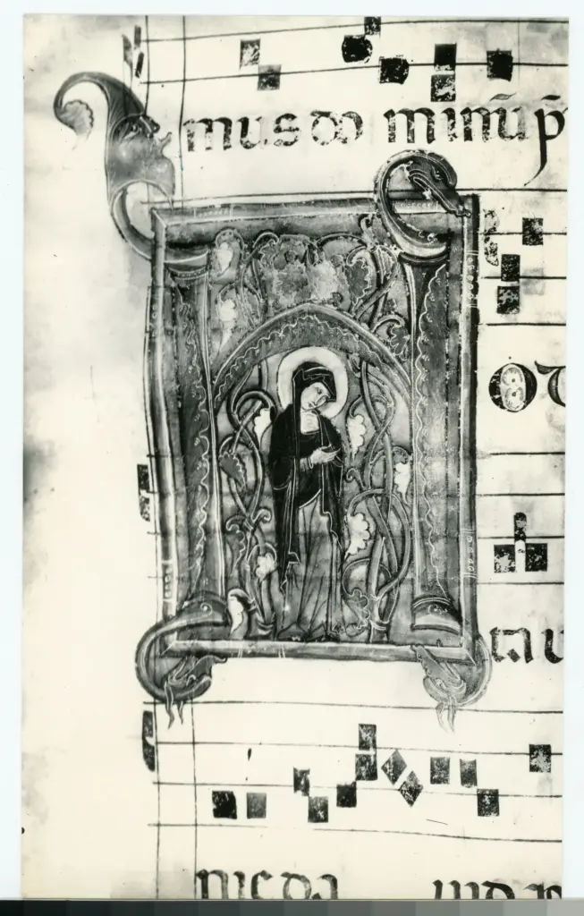 Anonimo sec. XIII , Iniziale H, Iniziale abitata, Madonna, Motivi decorativi fitomorfi e animali, Notazione musicale