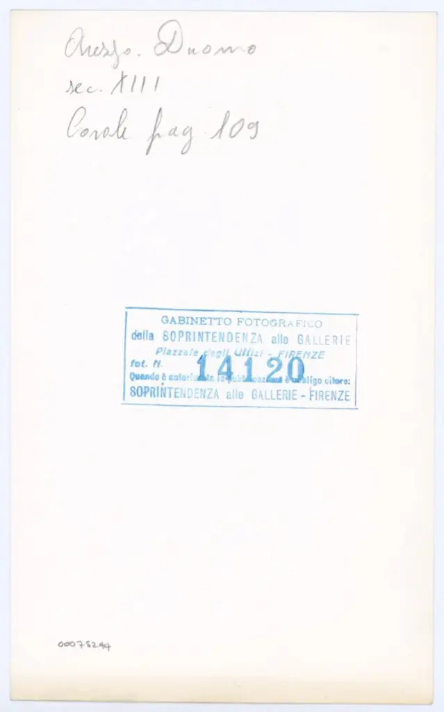 Gabinetto Fotografico della Soprintendenza Speciale per il Patrimonio Storico, Artistico ed Etnoantropologico e per il Polo Museale della città di Firenze , Arezzo. Duomo - sec. XIII - Corale pag. 109 , retro