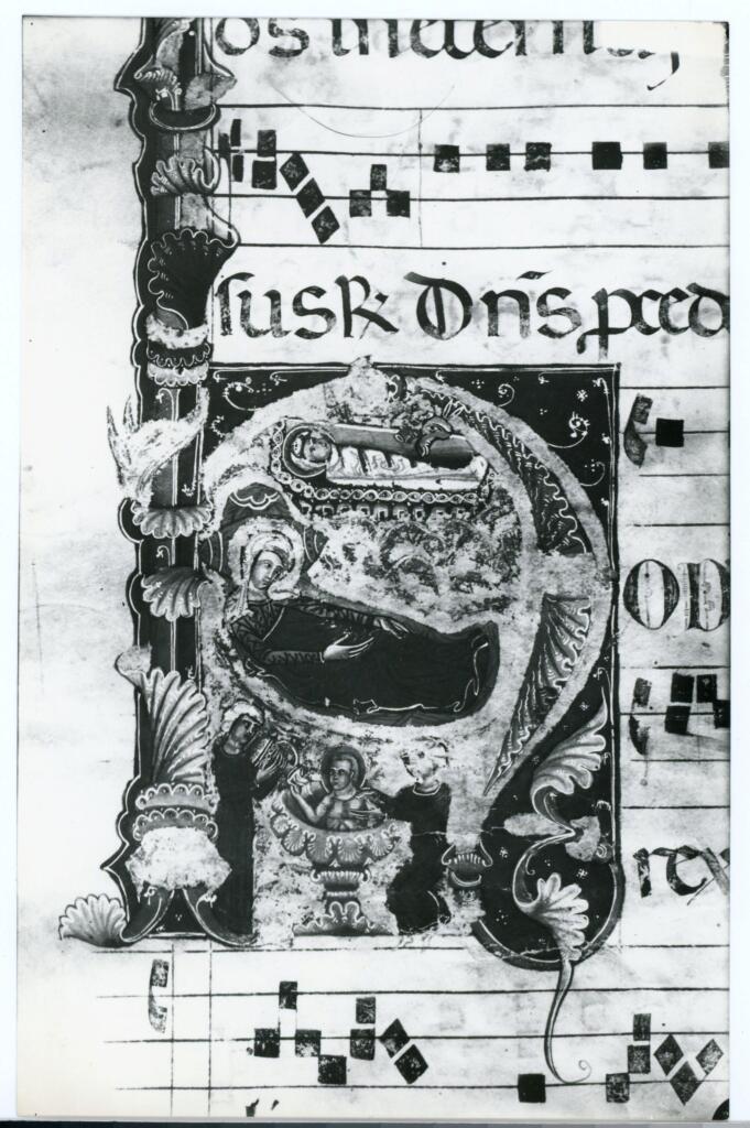 Anonimo sec. XIII , Iniziale H, Iniziale istoriata, Natività di Gesù, Lavacro del Bambino, Motivi decorativi fitomorfi, Notazione musicale