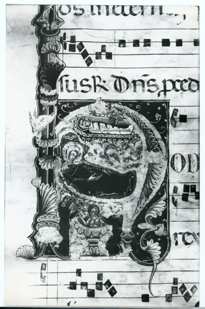Anonimo sec. XIII , Iniziale H, Iniziale istoriata, Nativit&agrave; di Ges&ugrave;, Lavacro del Bambino, Motivi decorativi fitomorfi, Notazione musicale