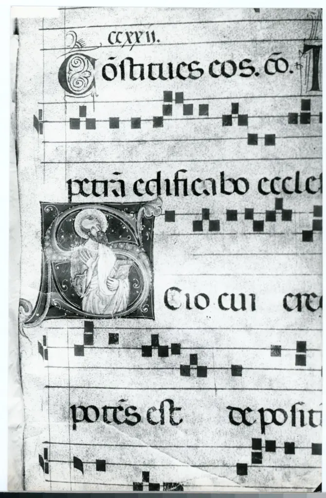 Anonimo sec. XIII , Iniziale S, Iniziale abitata, Santo, Motivi decorativi fitomorfi, Notazione musicale