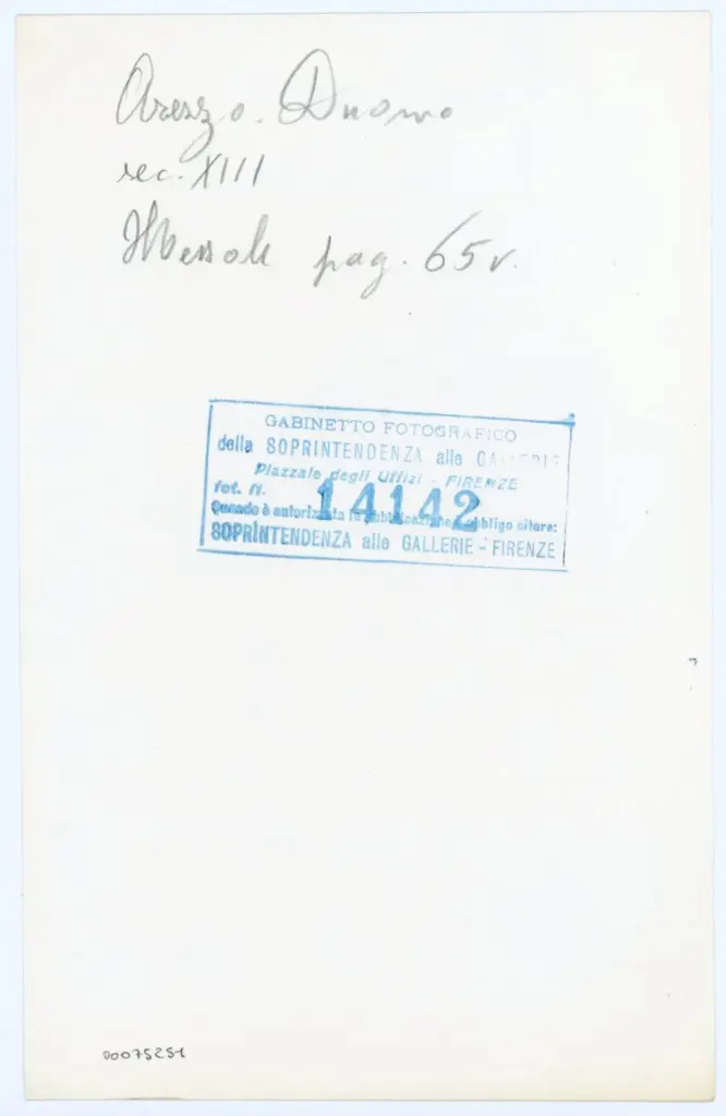 Gabinetto Fotografico della Soprintendenza Speciale per il Patrimonio Storico, Artistico ed Etnoantropologico e per il Polo Museale della citt&agrave; di Firenze , Arezzo. Duomo - sec. XIII - Messale E pag. 65v. , retro