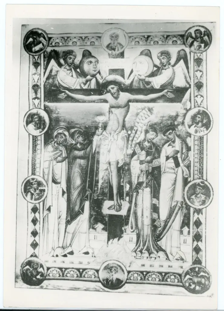 Maestro dell'Epistolario Giovanni da Gaibana, e scuola , Crocifissione di Cristo, Cornice con motivi decorativi fitomorfi e geometrici, Simboli dei quattro evangelisti