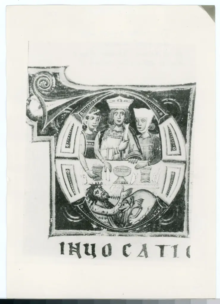 Maestro dell'Epistolario Giovanni da Gaibana, e scuola , Iniziale D, Iniziale istoriata, Parabola del ricco epulone, Motivi decorativi geometrici e vegetali
