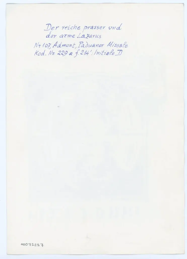 Anonimo , Der reiche prasser und der arme Lazarus - Admont, Paduaner Missale - Kod. Nr 229 a f. 214': Initiale D , retro