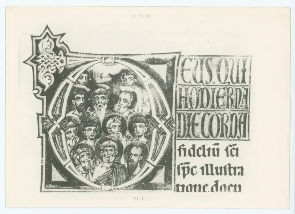 Maestro dell'Epistolario Giovanni da Gaibana, e scuola , Iniziale D, Iniziale istoriata, Pentecoste, Motivi decorativi geometrici e vegetali