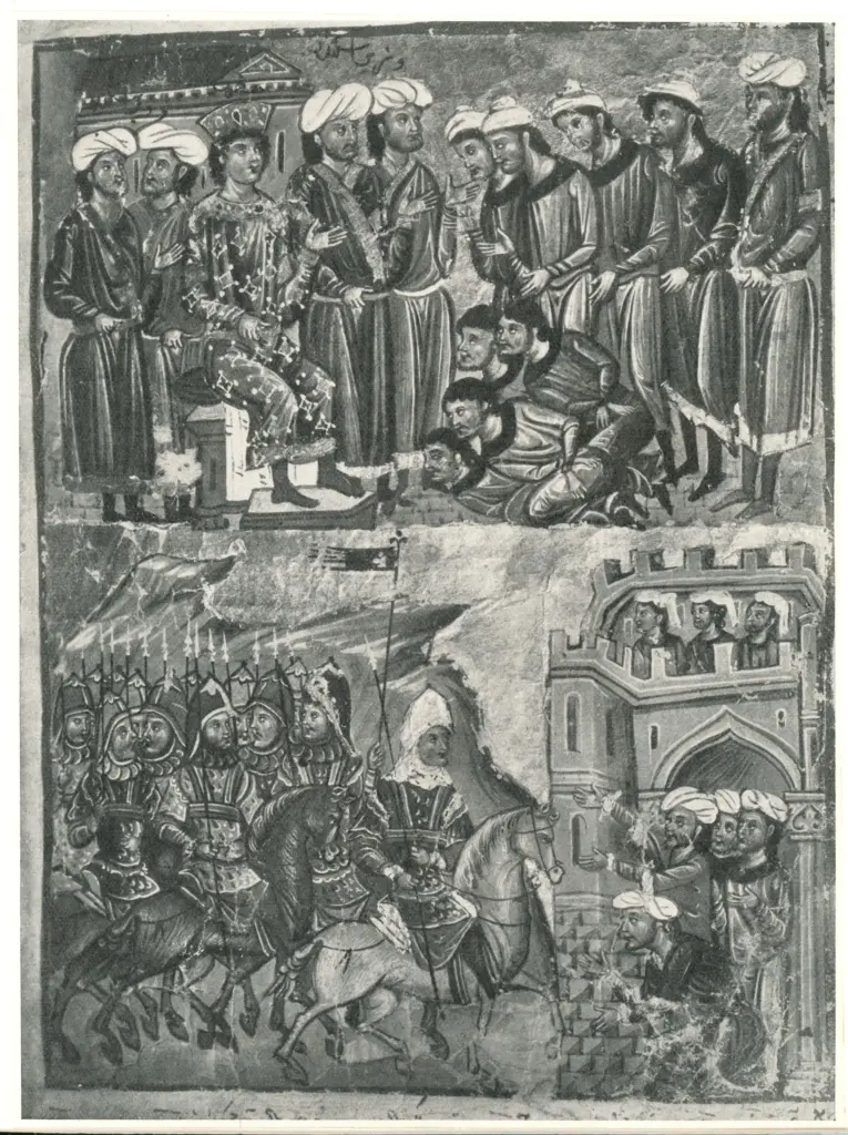 Anonimo , Venezia - Scuola di s. Gregorio dei Greci: una pagina miniata del cod. di Alessandro il Grande (sec. XI). , fronte