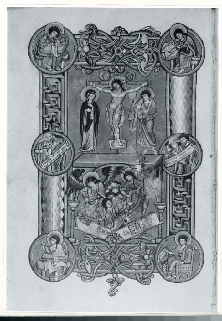 Anonimo italiano sec. XI , Crocifissione di Cristo con i dolenti, Quattro evangelisti, Cornice con motivi decorativi fitomorfi e geometrici