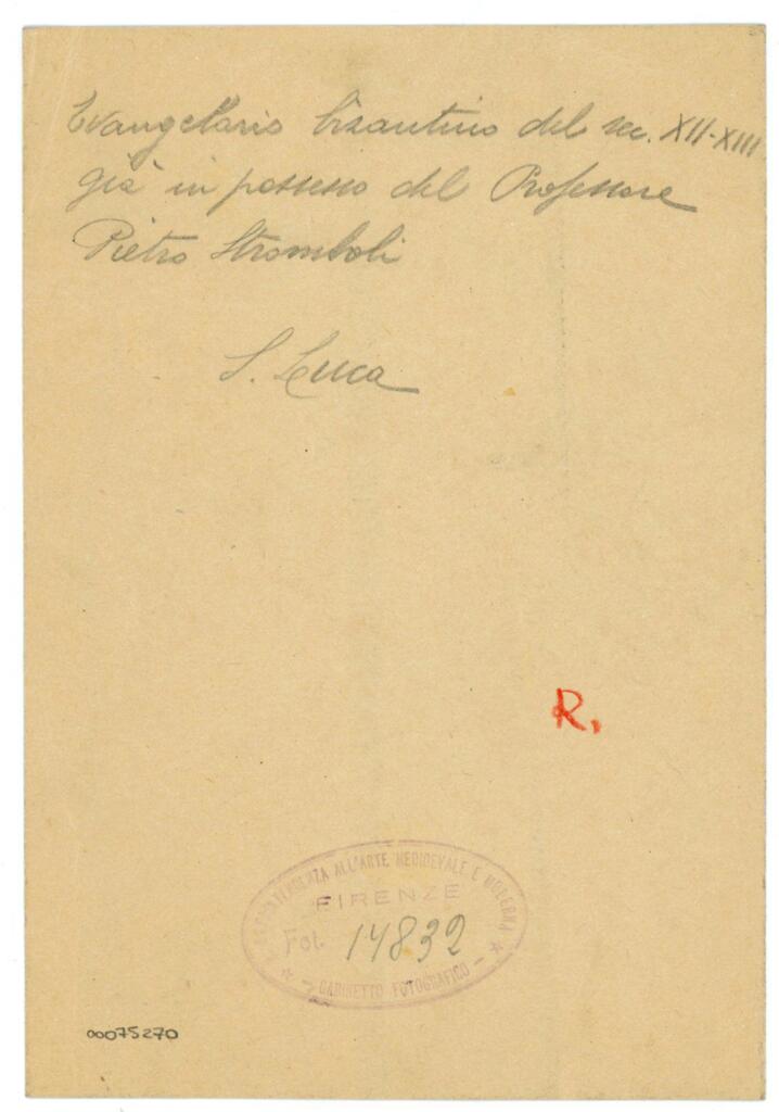 Gabinetto Fotografico della Soprintendenza Speciale per il Patrimonio Storico, Artistico ed Etnoantropologico e per il Polo Museale della città di Firenze , Evangeliario bizantino del sec. XII-XIII già in possesso del Professore Pietro Stromboli - S. Luca , retro