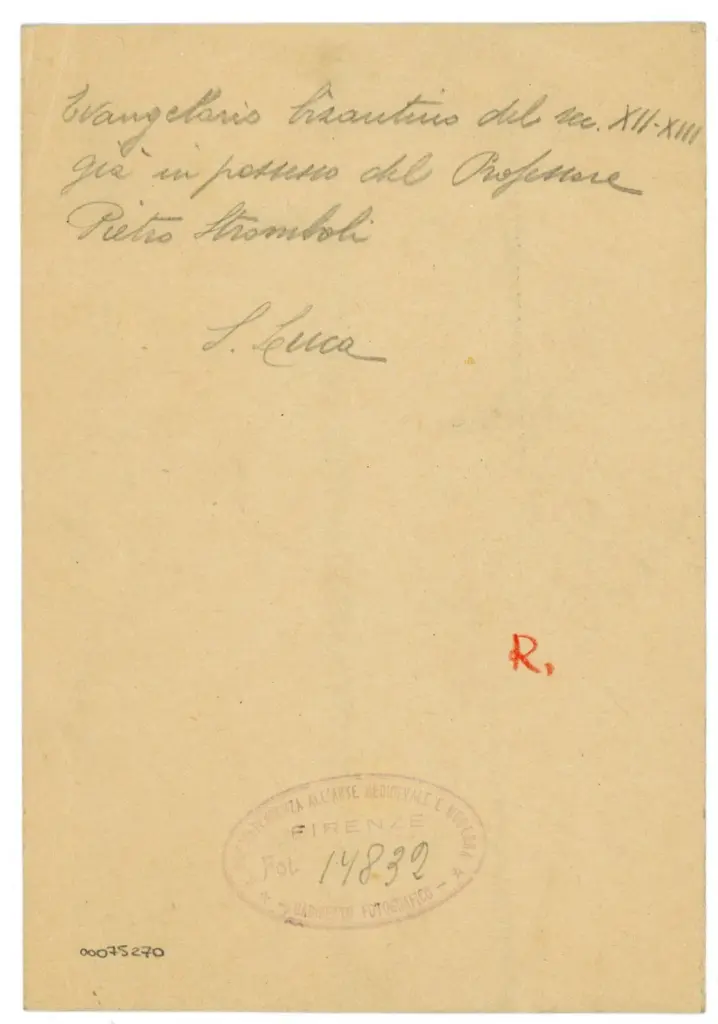 Gabinetto Fotografico della Soprintendenza Speciale per il Patrimonio Storico, Artistico ed Etnoantropologico e per il Polo Museale della citt&agrave; di Firenze , Evangeliario bizantino del sec. XII-XIII gi&agrave; in possesso del Professore Pietro Stromboli - S. Luca , retro