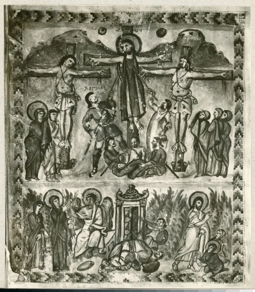 Anonimo bizantino sec. VI , Crocifissione di Cristo, Angelo annuncia la Resurrezione alle pie donne, Cornice con motivi decorativi geometrici