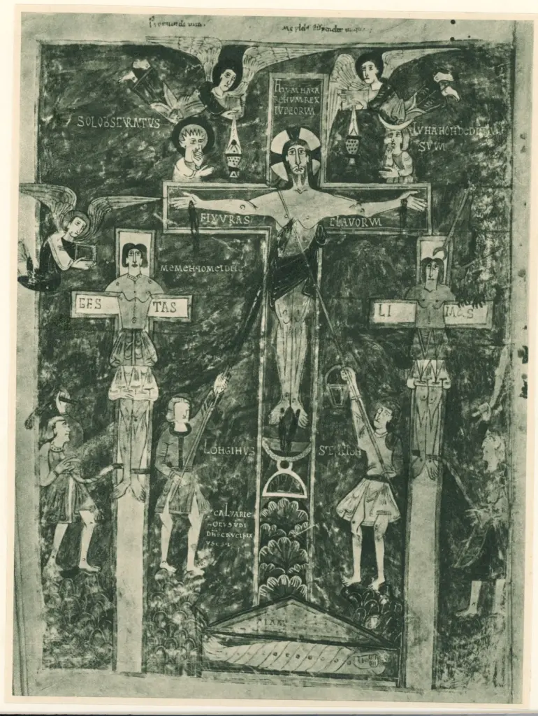 Anonimo , Crocifissione di Ges&ugrave;. Miniatura di un codice dell'Apocalissi del Beato , fronte