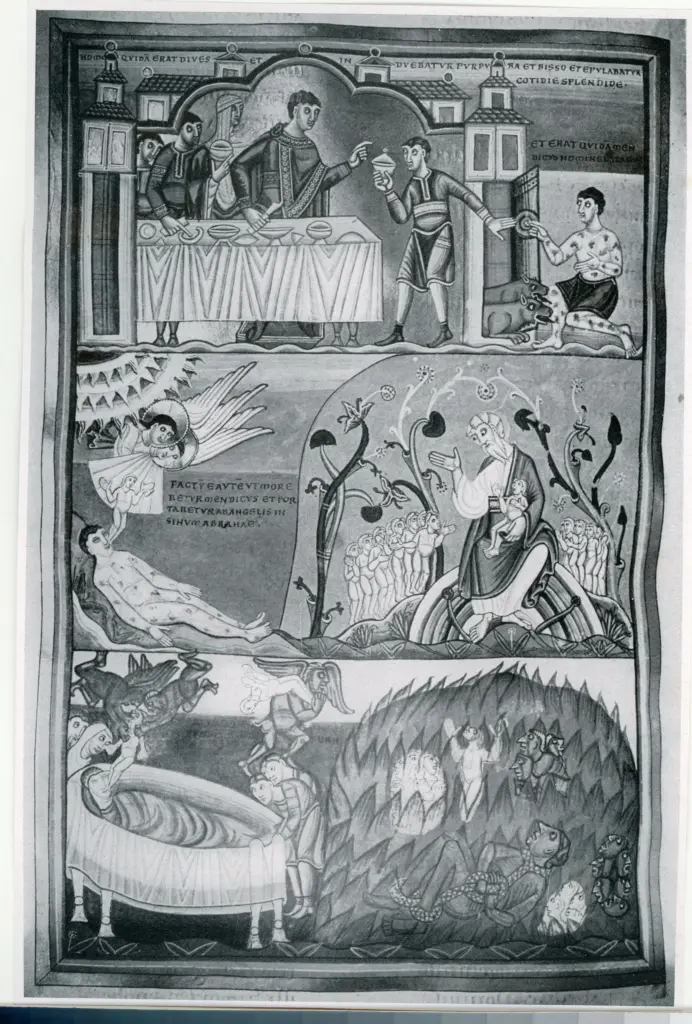 Anonimo sec. X/ XI , Parabola del ricco epulone, Pagina purpurea