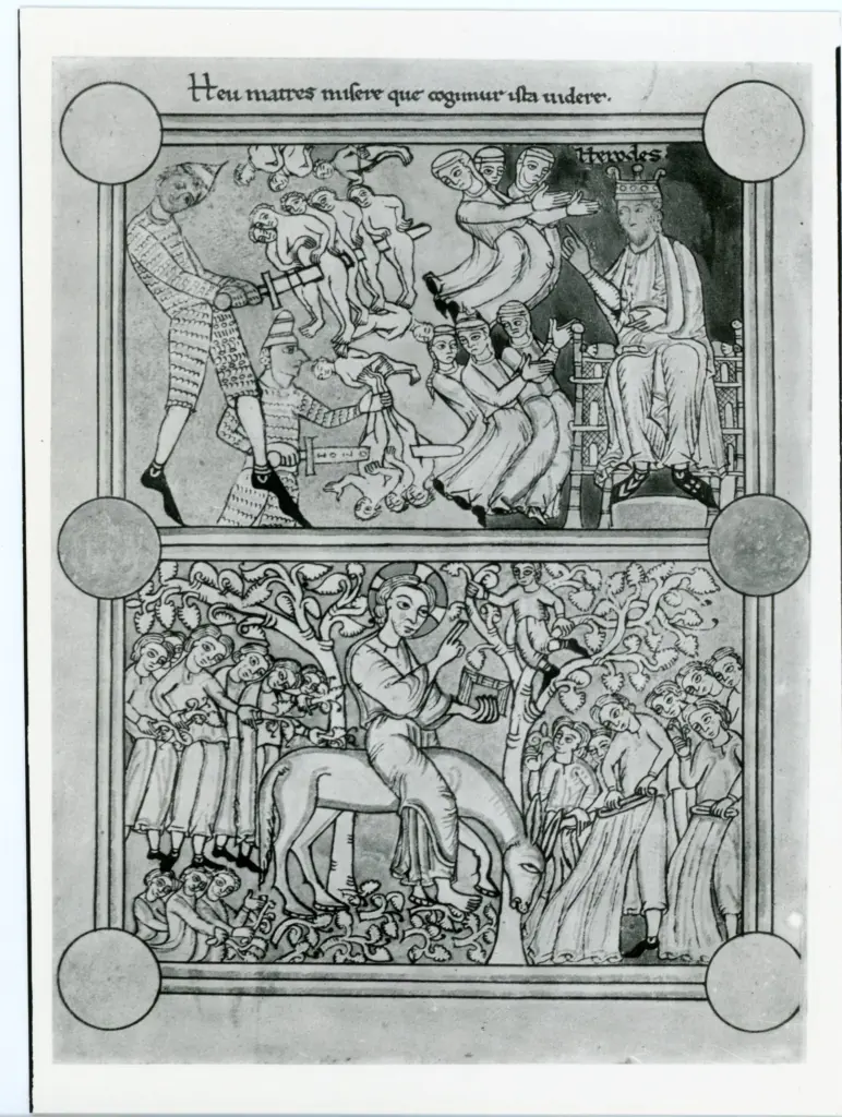 Anonimo tedesco sec. XIII , Strage degli innocenti, Entrata di Cristo in Gerusalemme