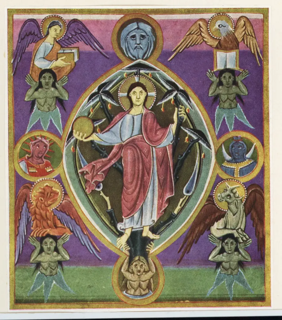 Anonimo tedesco sec. XI , Cristo Redentore in mandorla, Simboli dei quattro evangelisti, Sole, Luna