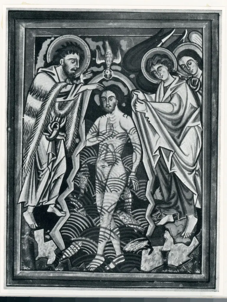 Anonimo tedesco sec. XIII , Battesimo di Cristo, Colomba dello Spirito Santo