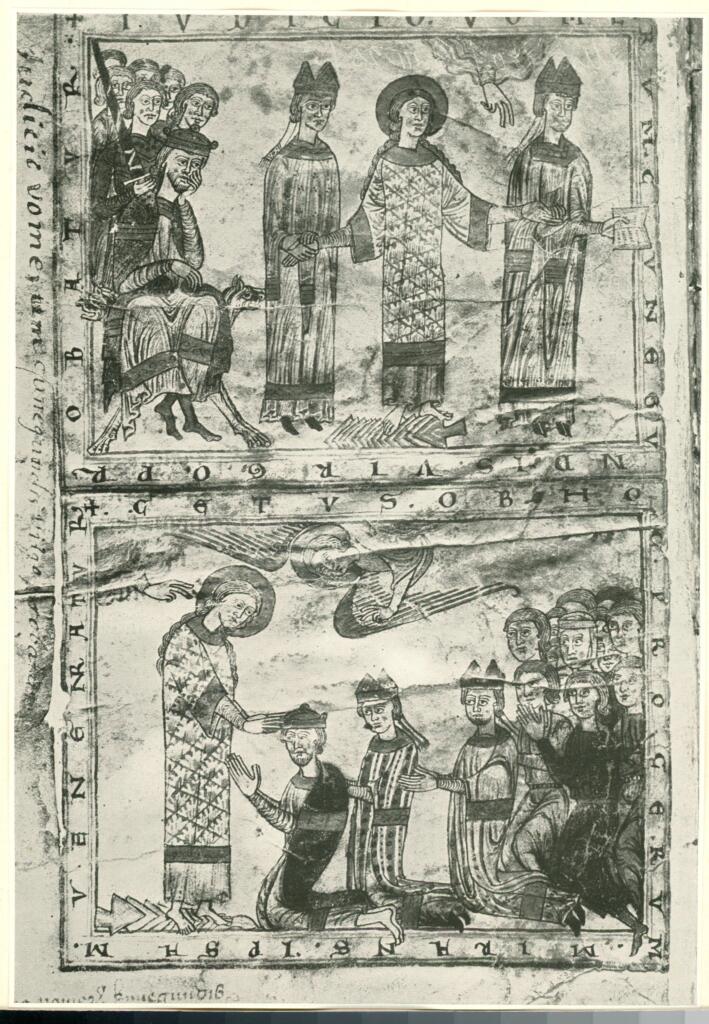 Anonimo , Das Pflugwunder der hl. Kunigunde. Vita Cunegundis, aus der Dombibliothek - Bamberg, Staatl. Bibliothek , fronte