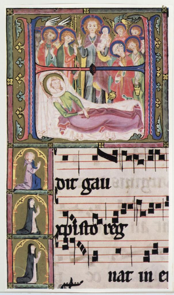Anonimo , Anonimo sec. XIV - ca. 1312 - Zurigo, Museo nazionale svizzero, Graduale proveniente dal Convento delle domenicane di Sankt Katharinental di Diessenhofen, particolare di una pagina miniata