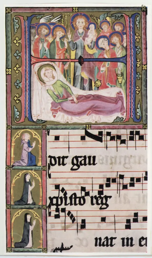 Anonimo , Anonimo sec. XIV - ca. 1312 - Zurigo, Museo nazionale svizzero, Graduale proveniente dal Convento delle domenicane di Sankt Katharinental di Diessenhofen, particolare di una pagina miniata , fronte