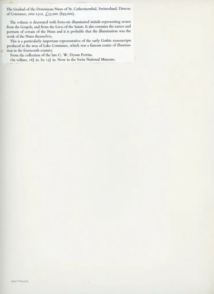 Anonimo , Anonimo sec. XIV - ca. 1312 - Zurigo, Museo nazionale svizzero, Graduale proveniente dal Convento delle domenicane di Sankt Katharinental di Diessenhofen, particolare di una pagina miniata , retro