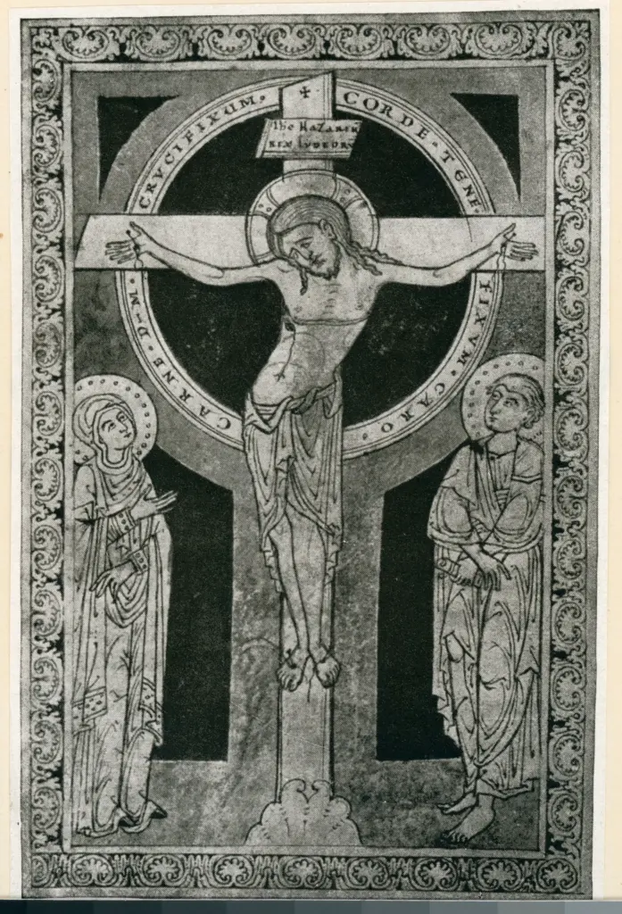 Anonimo sec. XII , Crocifissione di Cristo con la Vergine e san Giovanni, Cornice con motivi decorativi fitomorfi