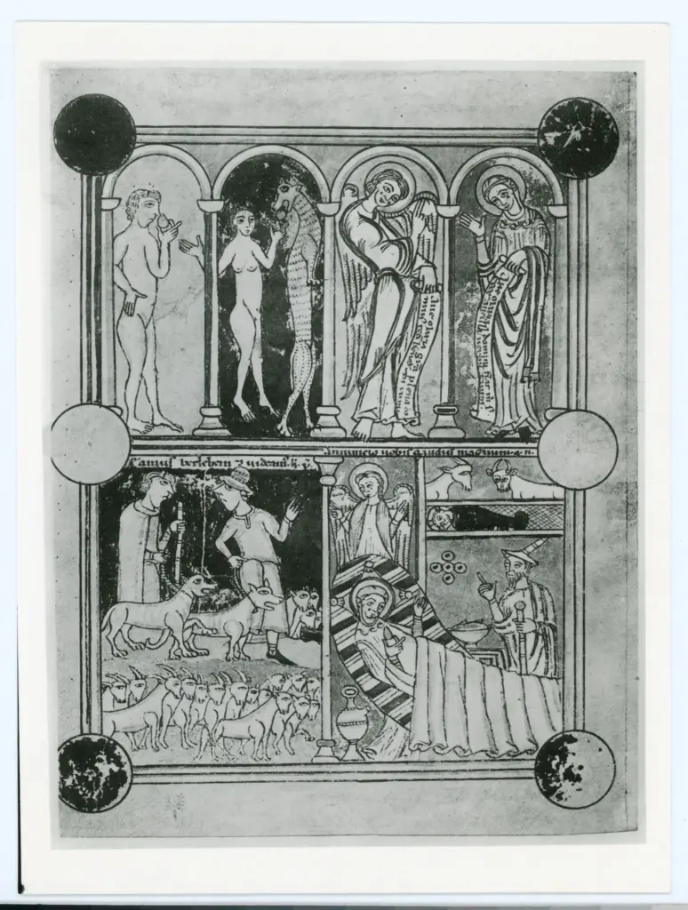 Anonimo tedesco sec. XIII , Peccato originale, Annunciazione, Annuncio ai pastori, Nativit&agrave; di Ges&ugrave;